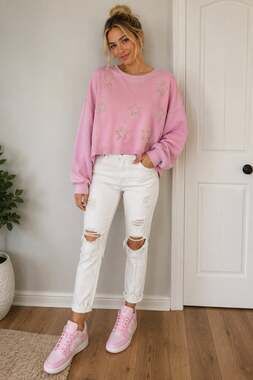 Pink Cropped Pullover Sweatshirt with Embellished Pearl Stars